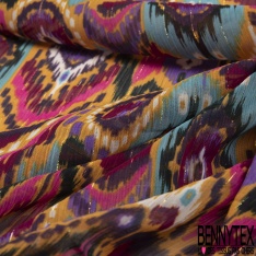 Coupon 3m mousseline polyester imprimé amérindien multicolore fond verge d'or rayure verticale lurex or