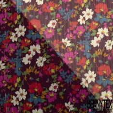 Coupon 3m mousseline polyester imprimé floral folklorique fond vert de vessie rayure verticale lurex or