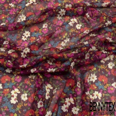 Coupon 3m mousseline polyester imprimé floral folklorique fond vert de vessie rayure verticale lurex or