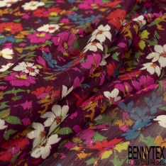 Coupon 3m mousseline polyester imprimé floral folklorique fond vert de vessie rayure verticale lurex or