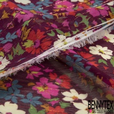 Coupon 3m mousseline polyester imprimé floral folklorique fond vert de vessie rayure verticale lurex or