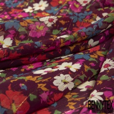 Coupon 3m mousseline polyester imprimé floral folklorique fond vert de vessie rayure verticale lurex or