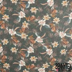Coupon 3m mousseline polyester imprimé abstrait marine ocre noir rayure verticale lurex or