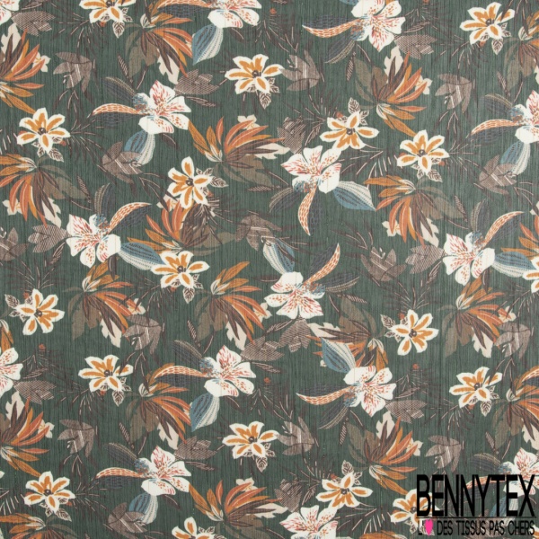 Coupon 3m mousseline polyester imprimé abstrait marine ocre noir rayure verticale lurex or