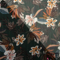 Coupon 3m mousseline polyester imprimé abstrait marine ocre noir rayure verticale lurex or