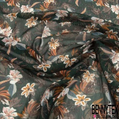 Coupon 3m mousseline polyester imprimé abstrait marine ocre noir rayure verticale lurex or