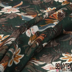Coupon 3m mousseline polyester imprimé abstrait marine ocre noir rayure verticale lurex or
