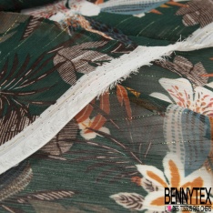 Coupon 3m mousseline polyester imprimé abstrait marine ocre noir rayure verticale lurex or