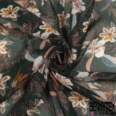 Coupon 3m mousseline polyester imprimé abstrait marine ocre noir rayure verticale lurex or