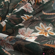 Coupon 3m mousseline polyester imprimé abstrait marine ocre noir rayure verticale lurex or