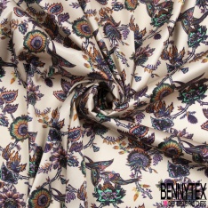 Satin de soie élasthanne imprimé mini fleur nuit bleu parme épurée fond crème