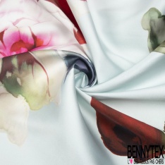 Mikado satiné souple imprimé énorme fleur fond bleu jade très pâle