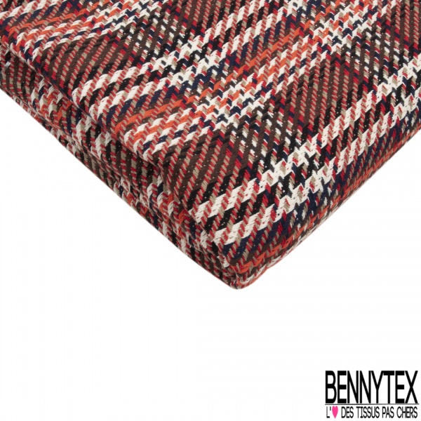 Coupon 3m coton natté motif tartan marine blanc discret olive beige orange brûlé violet crème