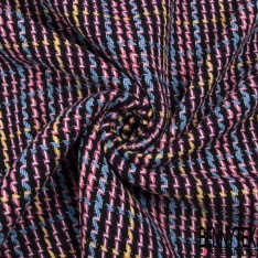 Coupon 3m coton natté motif tartan bleu nuit blanc discret rouge mandarine beige grizzly