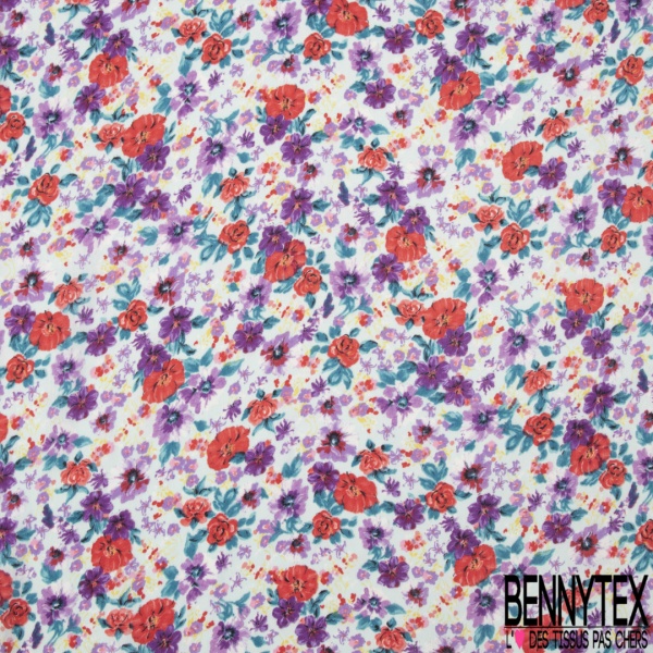 Coupon 3m mousseline crêpon polyester imprimé mini coquelicot fond bleu très vif