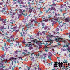 Coupon 3m mousseline crêpon polyester imprimé mini coquelicot fond bleu très vif