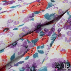 Coupon 3m mousseline crêpon polyester imprimé mini coquelicot fond bleu très vif
