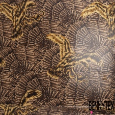 Coupon 3m maille cristal laqué imprimé grand plumage royal ton ocre ombre naturelle