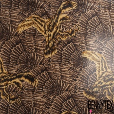 Coupon 3m maille cristal laqué imprimé grand plumage royal ton ocre ombre naturelle