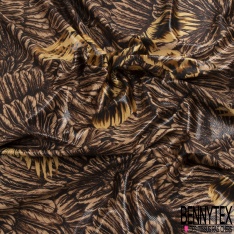 Coupon 3m maille cristal laqué imprimé grand plumage royal ton ocre ombre naturelle