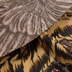Coupon 3m maille cristal laqué imprimé grand plumage royal ton ocre ombre naturelle
