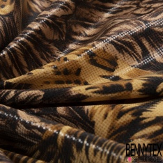 Coupon 3m maille cristal laqué imprimé grand plumage royal ton ocre ombre naturelle