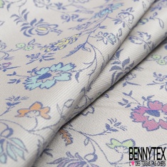Jacquard twill polyester soie motif floral cachemire multicolore pastel fond perle