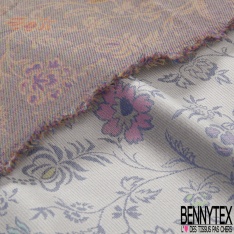 Jacquard twill polyester soie motif floral cachemire multicolore pastel fond perle