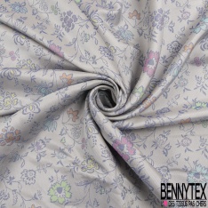 Jacquard twill polyester soie motif floral cachemire multicolore pastel fond perle