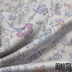 Jacquard twill polyester soie motif floral cachemire multicolore pastel fond perle