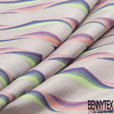 Jacquard twill polyester soie motif floral cachemire multicolore pastel fond perle