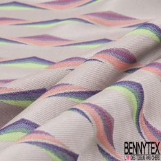 Jacquard twill polyester soie motif floral cachemire multicolore pastel fond perle
