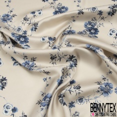 Satin Viscose imprimé coquelicot stylisé graphique noir fond rose en corail