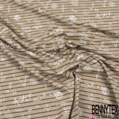 Jersey coton imprimé nature et paon stylisé au trait marine fond blanc cassé