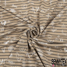 Jersey coton imprimé nature et paon stylisé au trait marine fond blanc cassé