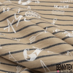 Jersey coton imprimé nature et paon stylisé au trait marine fond blanc cassé