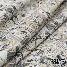 Polyamide élasthanne lingerie motif abstrait gaufré noir taupe pêche des tropiques lurex or