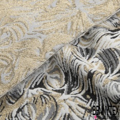 Polyamide élasthanne lingerie motif abstrait gaufré noir taupe pêche des tropiques lurex or