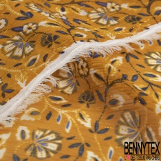 Coupon 3m mousseline crêpon polyester imprimé tribal ton blanc vert moyen rayure verticale lurex