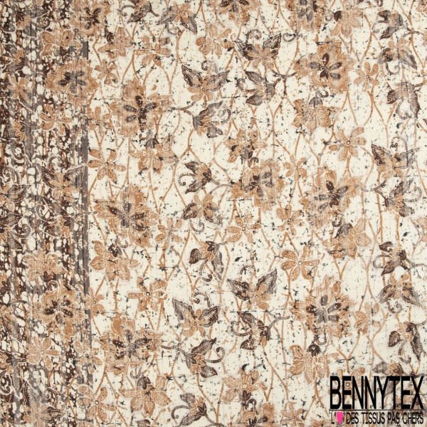 Coupon 3m mousseline crêpon polyester imprimé floral tropical fond cannelle rayure verticale lurex