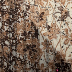 Coupon 3m mousseline crêpon polyester imprimé floral tropical fond cannelle rayure verticale lurex