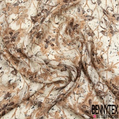 Coupon 3m mousseline crêpon polyester imprimé floral tropical fond cannelle rayure verticale lurex