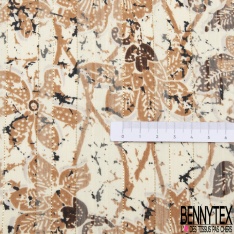 Coupon 3m mousseline crêpon polyester imprimé floral tropical fond cannelle rayure verticale lurex