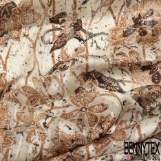 Coupon 3m mousseline crêpon polyester imprimé floral tropical fond cannelle rayure verticale lurex