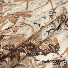 Coupon 3m mousseline crêpon polyester imprimé floral tropical fond cannelle rayure verticale lurex