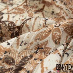 Coupon 3m mousseline crêpon polyester imprimé floral tropical fond cannelle rayure verticale lurex