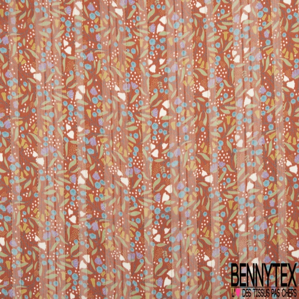 Coupon 3m mousseline crêpon polyester imprimé bollywood multicolore fond lagon rayure verticale lurex or