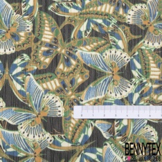Coupon 3m mousseline crêpon polyester imprimé abstrait fond cannelle rayure verticale lurex or