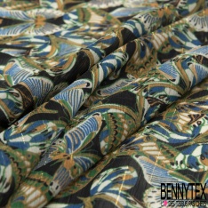 Coupon 3m mousseline crêpon polyester imprimé abstrait fond cannelle rayure verticale lurex or