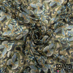 Coupon 3m mousseline crêpon polyester imprimé abstrait fond cannelle rayure verticale lurex or